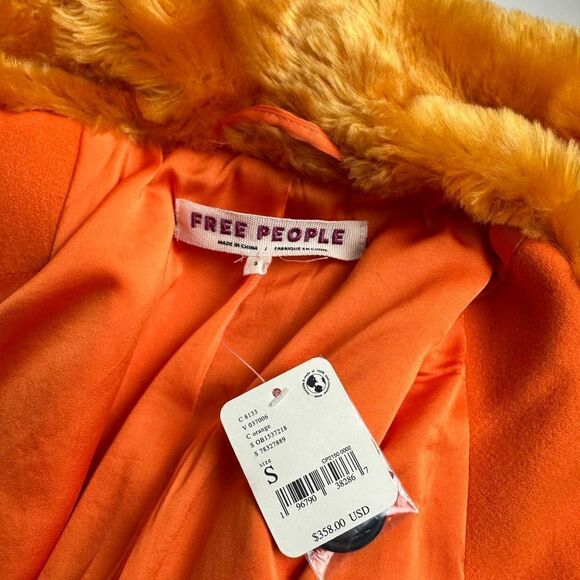 NWT Free People Roxy Wool Coat Fur Collar Trim Lined Oversized Orange Small - Picture 6 of 10